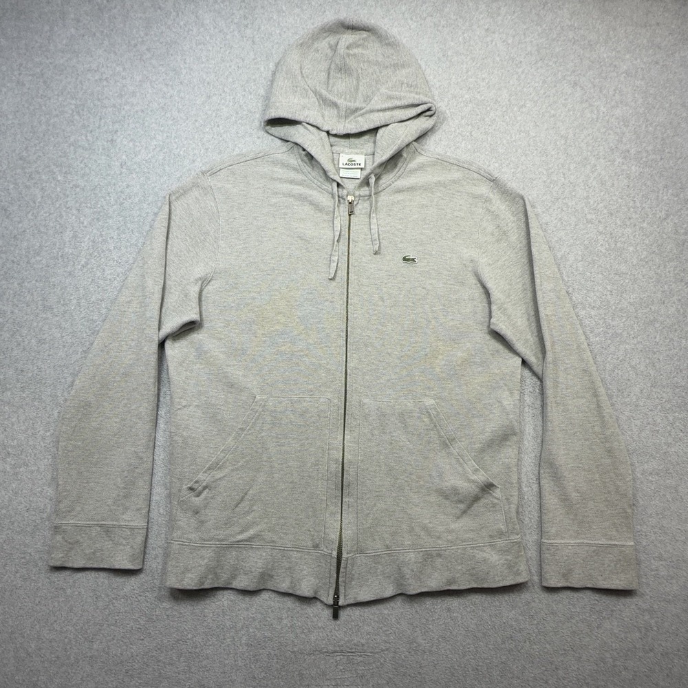 Lacoste Hoodie Mens Large Gray Full Zip Cotton Pique Knit Pocket Logo